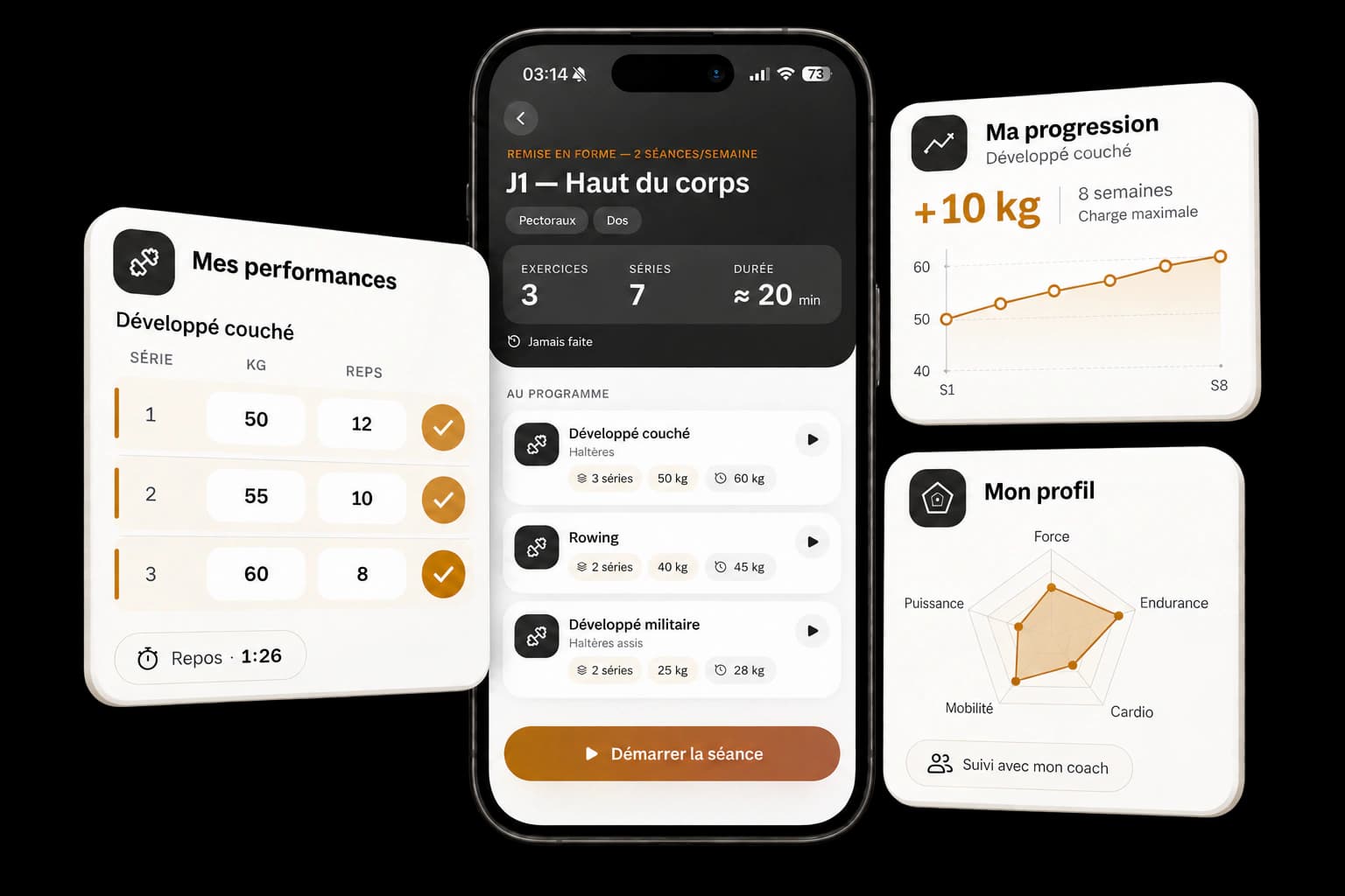 Une séance d'entraînement dans l'application, la saisie des séries et la courbe de progression