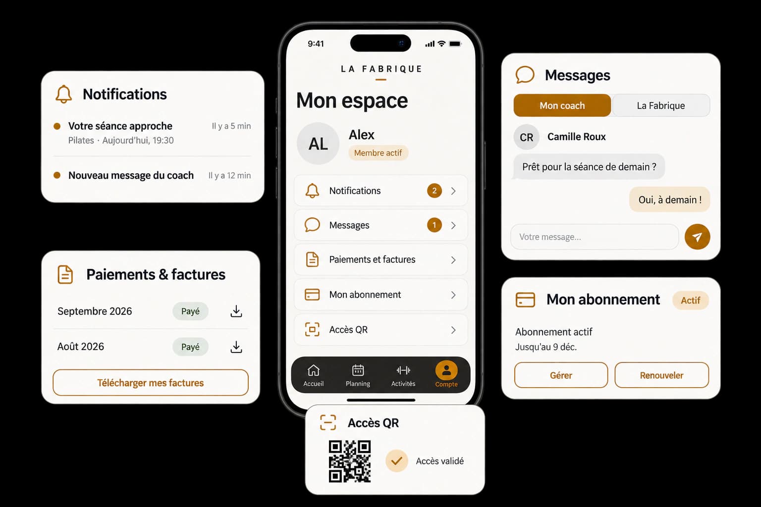 L'espace membre de l'application : notifications, messagerie, factures, abonnement et accès par QR code