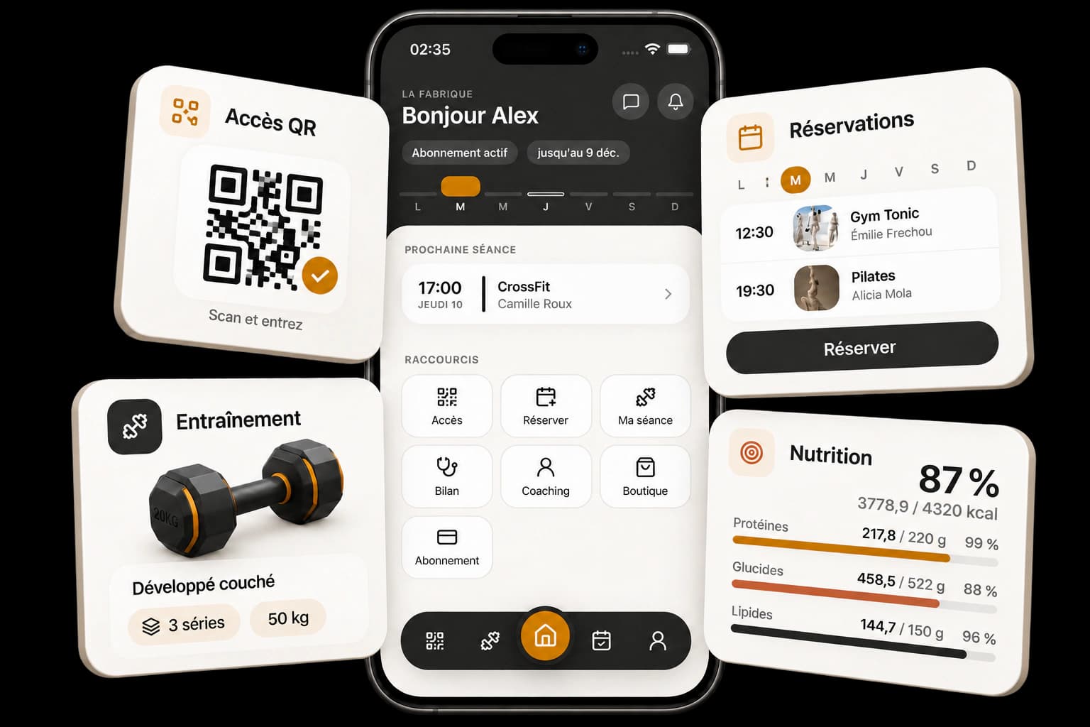 L'application La Fabrique Sport Santé : accueil, accès par QR code, réservations, séance d'entraînement et suivi nutritionnel