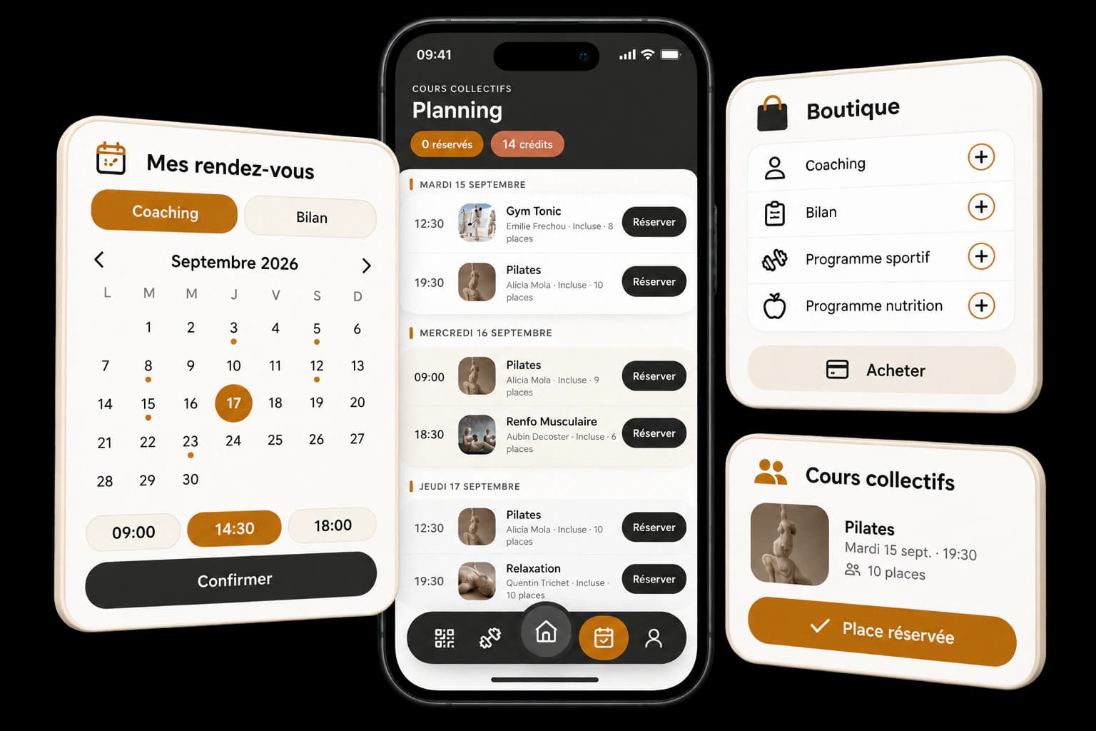 Le planning des cours collectifs dans l'application, la prise de rendez-vous coaching et la boutique